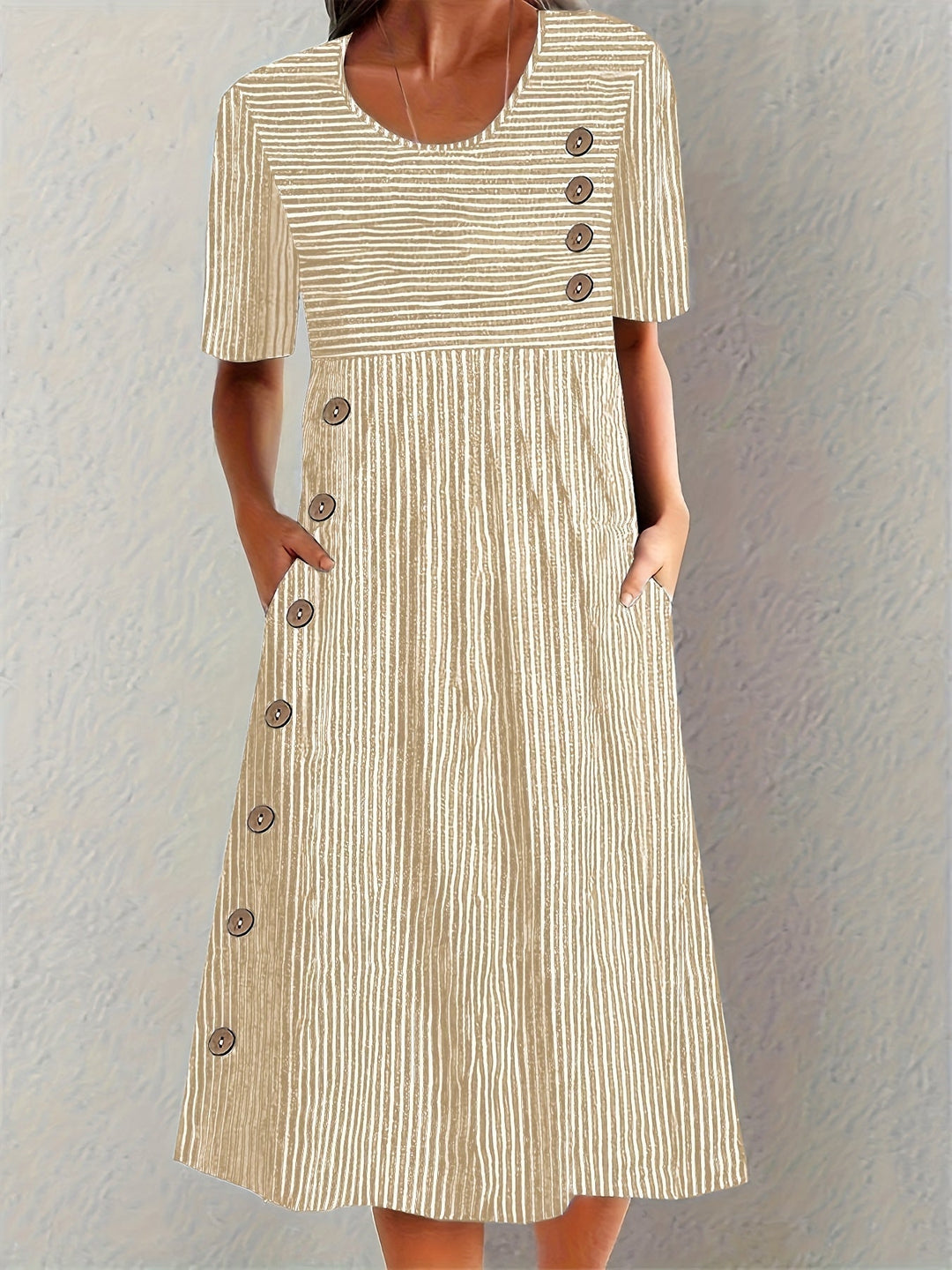 Women's Striped Summer Midi Dress with Scoop Neck and Side Button Detail