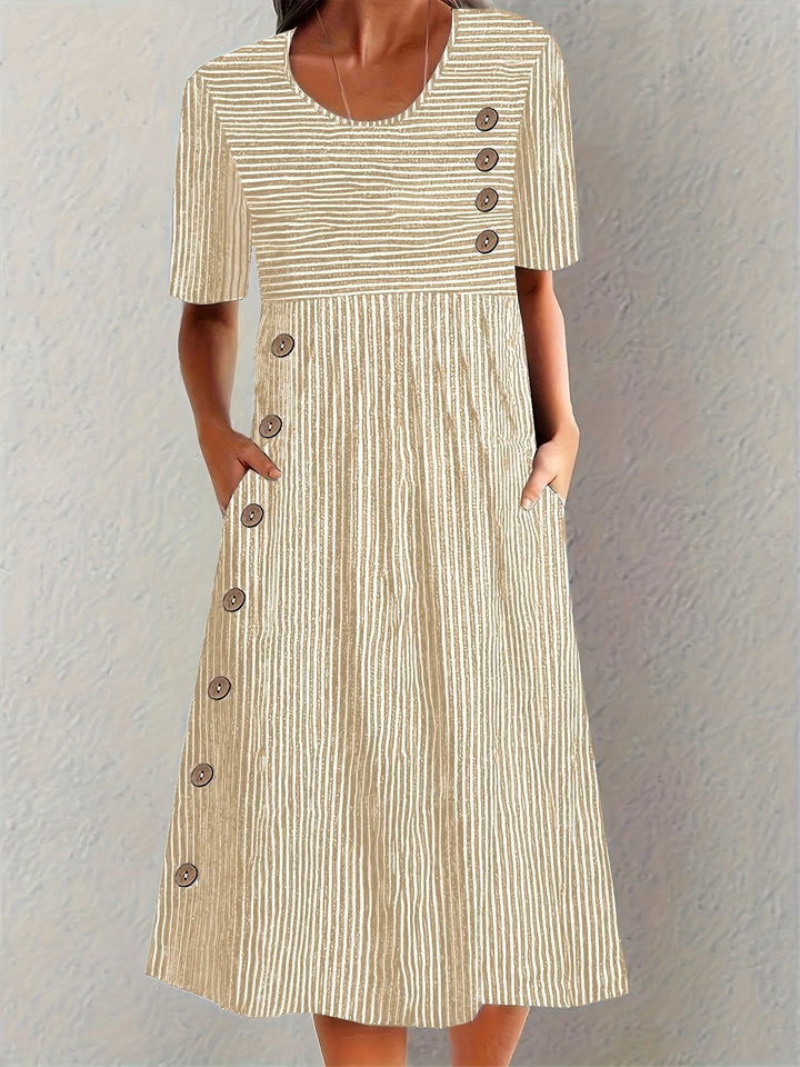 Women's Striped Summer Midi Dress with Scoop Neck and Side Button Detail