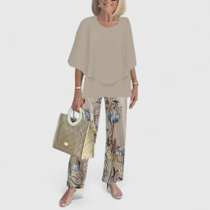 Women's Two-Piece Set with Layered Top and Printed Wide-Leg Pants