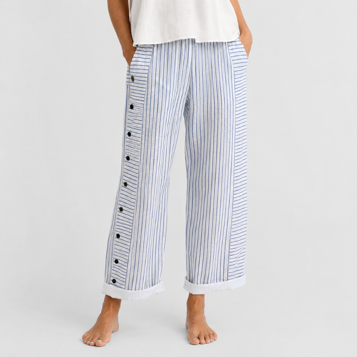 Women's Wide Leg Striped Pants with Side Button Detail and Roll-Up Hem