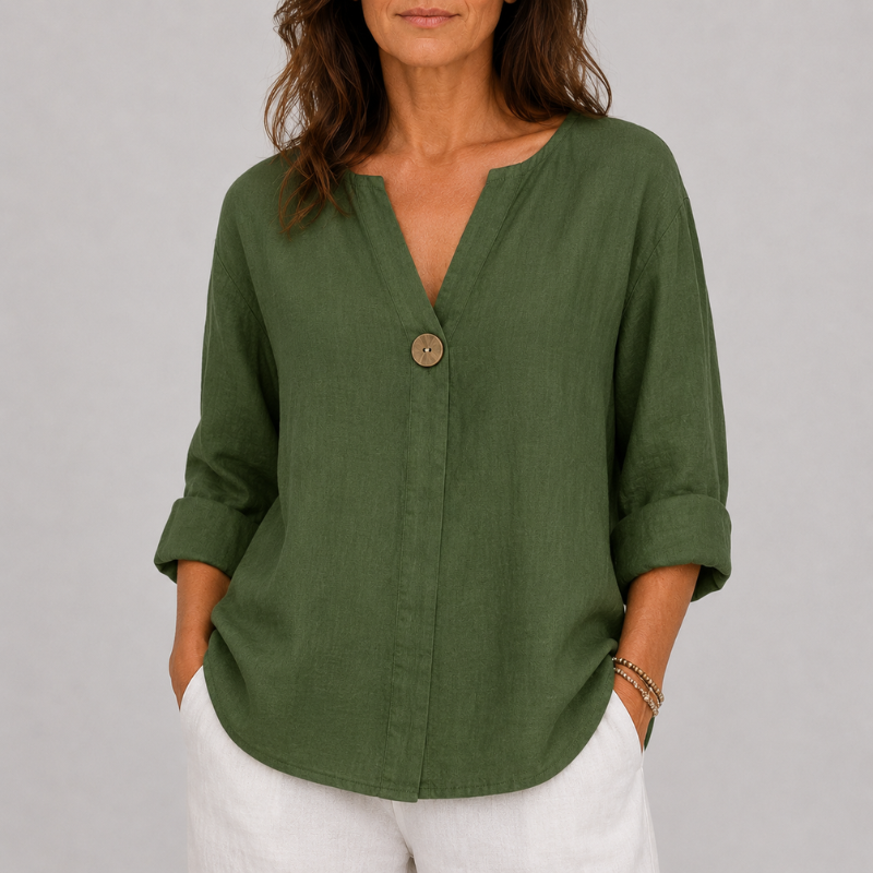 Women's Linen V-Neck Blouse Rolled Sleeve Single Button