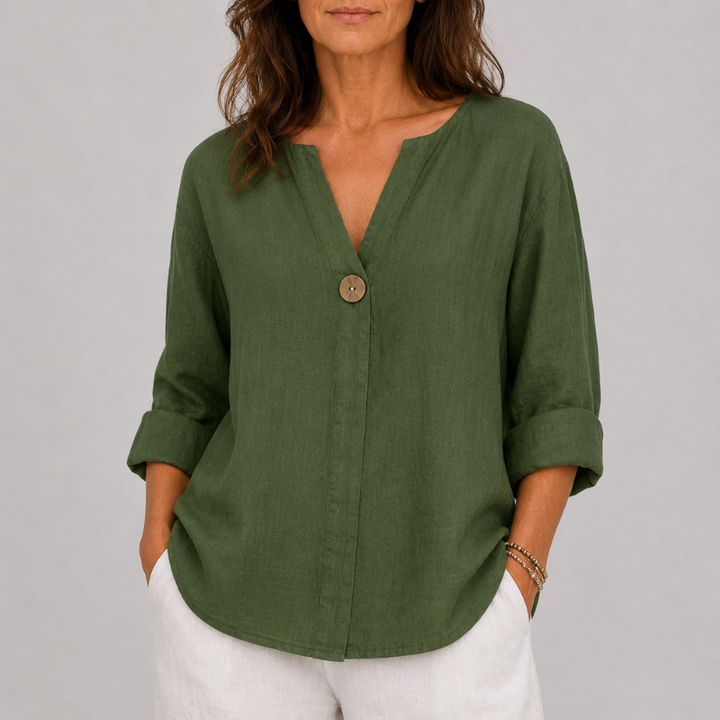 Women's Linen V-Neck Blouse Rolled Sleeve Single Button