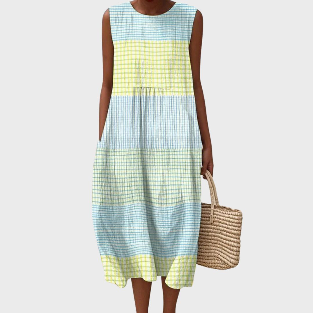 Sleeveless Tiered Midi Dress Plaid Print Round Neck