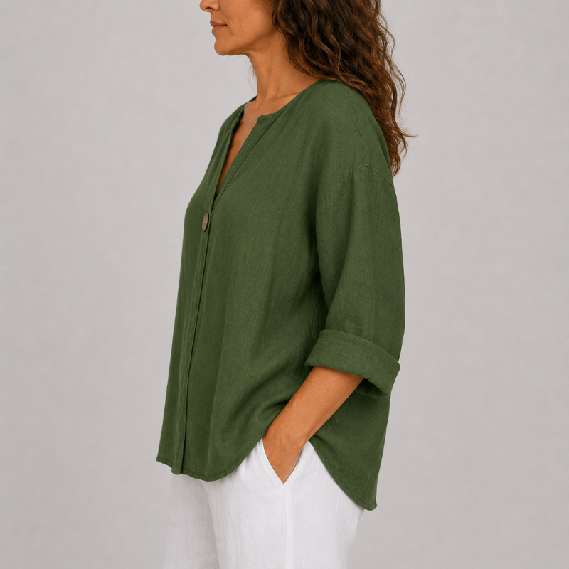 Women's Linen V-Neck Blouse Rolled Sleeve Single Button