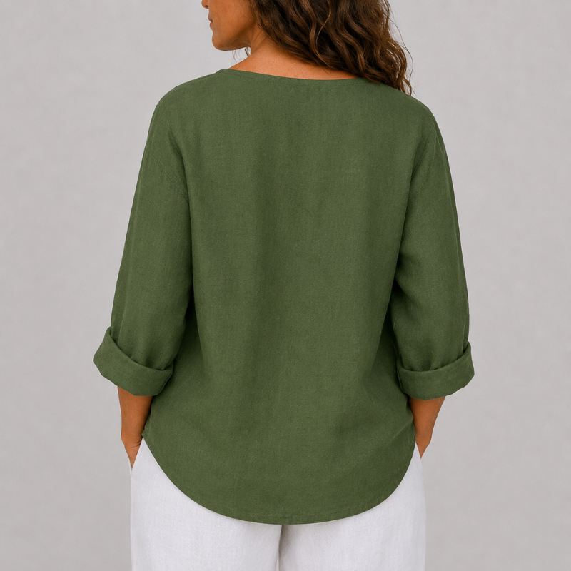 Women's Linen V-Neck Blouse Rolled Sleeve Single Button
