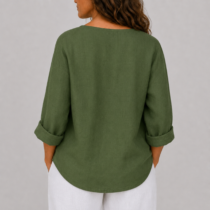 Women's Linen V-Neck Blouse Rolled Sleeve Single Button