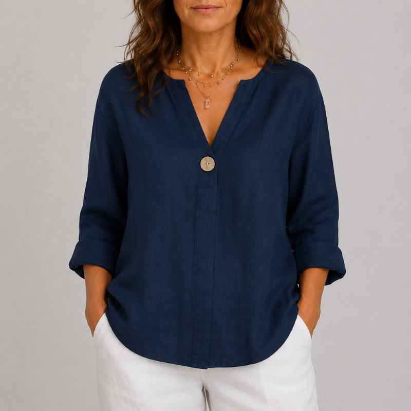 Women's Linen V-Neck Blouse Rolled Sleeve Single Button