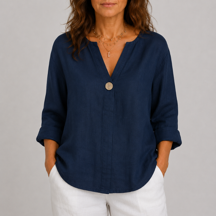 Women's Linen V-Neck Blouse Rolled Sleeve Single Button