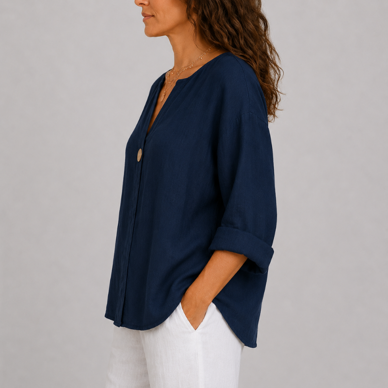 Women's Linen V-Neck Blouse Rolled Sleeve Single Button