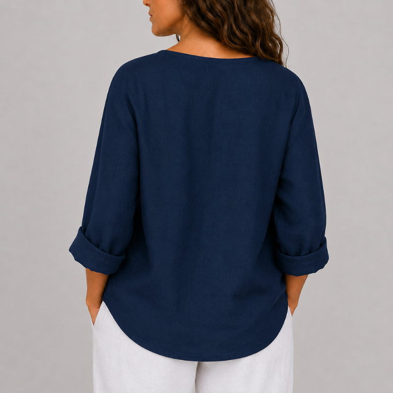 Women's Linen V-Neck Blouse Rolled Sleeve Single Button