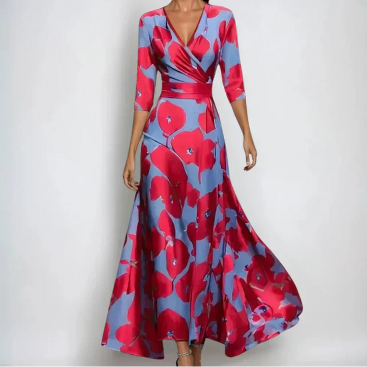Women's Elegant Floral Wrap Maxi Dress Long Sleeve