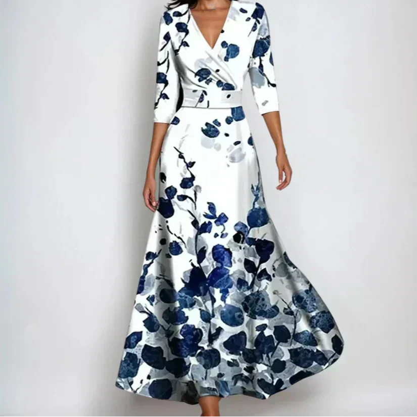 Women's Elegant Floral Wrap Maxi Dress Long Sleeve