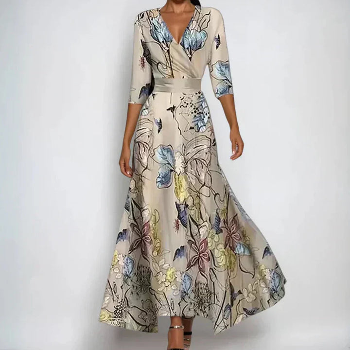 Women's Elegant Floral Wrap Maxi Dress Long Sleeve