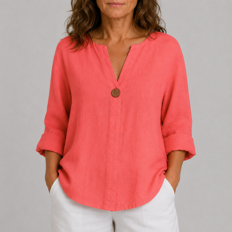 Women's Linen V-Neck Blouse Rolled Sleeve Single Button