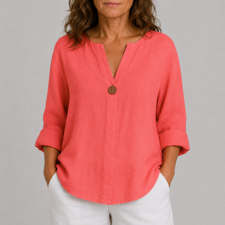 Women's Linen V-Neck Blouse Rolled Sleeve Single Button