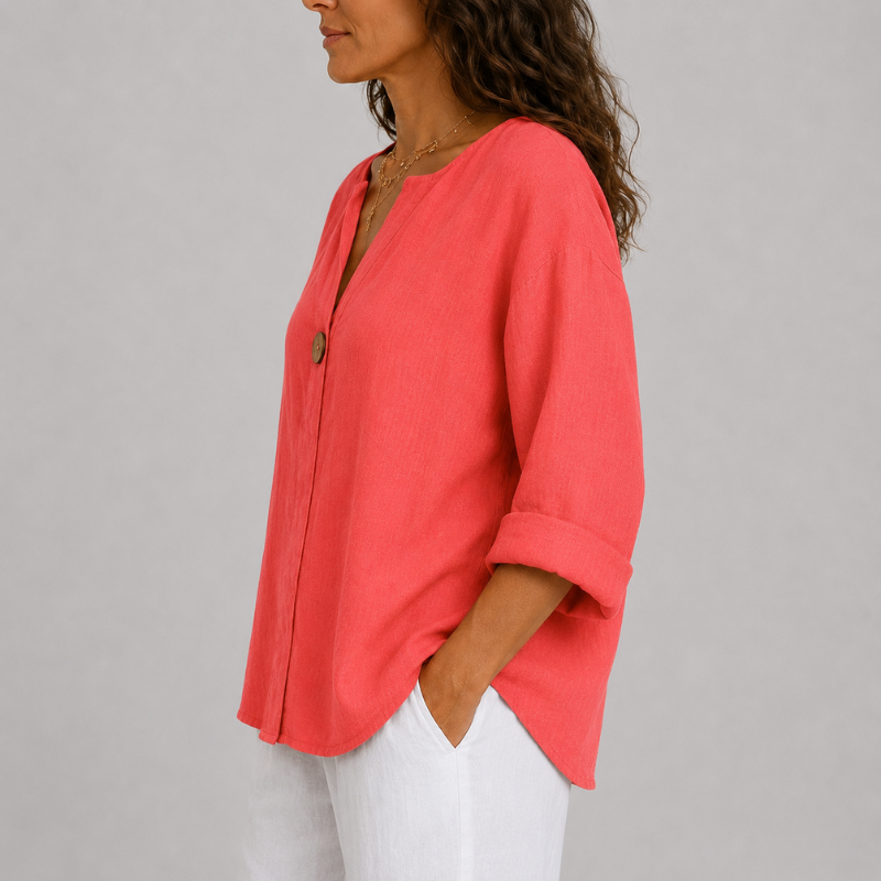Women's Linen V-Neck Blouse Rolled Sleeve Single Button