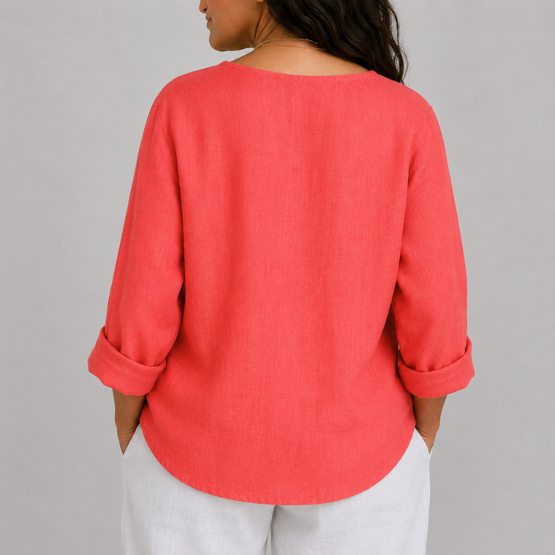Women's Linen V-Neck Blouse Rolled Sleeve Single Button