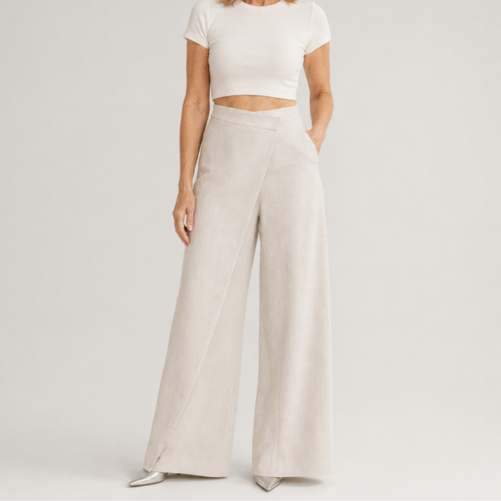 Women's High Waist Wide Leg Pants with Asymmetric Wrap Front Detail