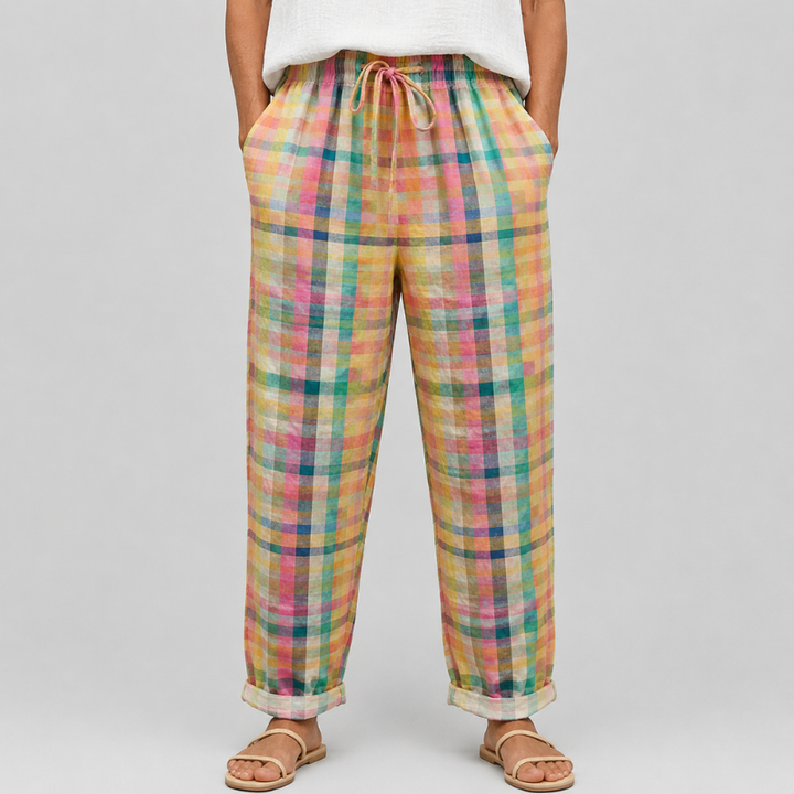 Women's Relaxed Fit Checked Trousers with Drawstring Waist and Rolled Hem