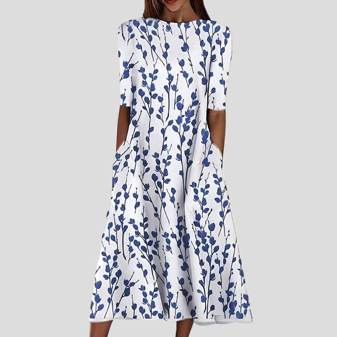 Floral Print Midi Dress Short Sleeve with Pockets