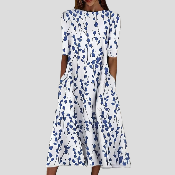 Floral Print Midi Dress Short Sleeve with Pockets