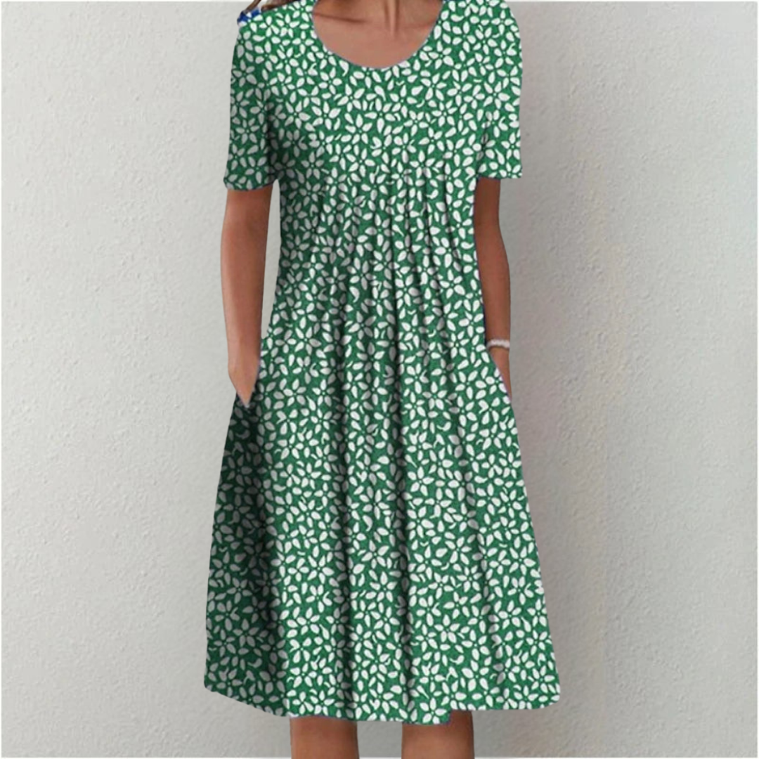 Women's Floral Print A-Line Midi Dress Short Sleeve