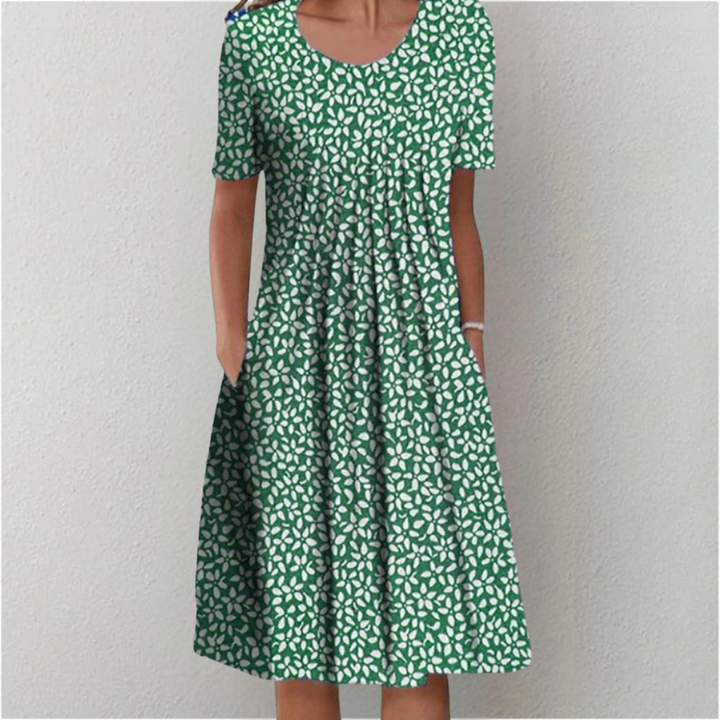 Women's Floral Print A-Line Midi Dress Short Sleeve