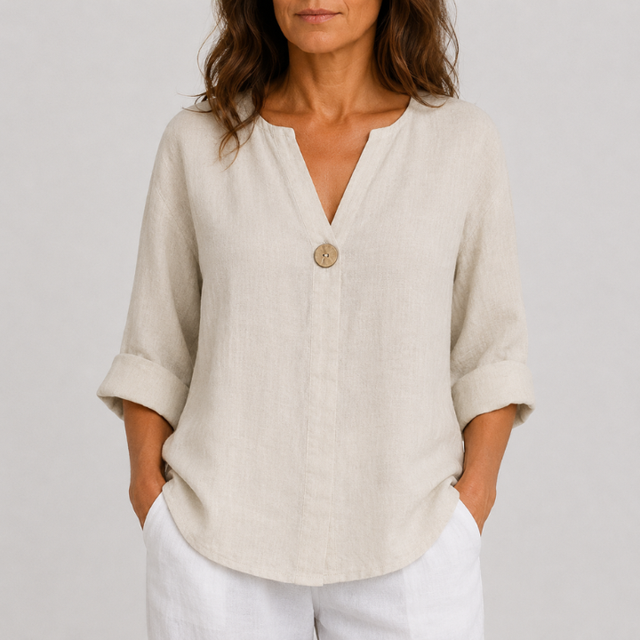 Women's Linen V-Neck Blouse Rolled Sleeve Single Button
