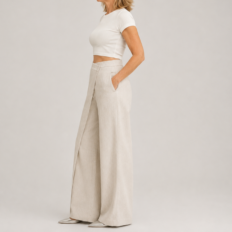 Women's High Waist Wide Leg Pants with Asymmetric Wrap Front Detail