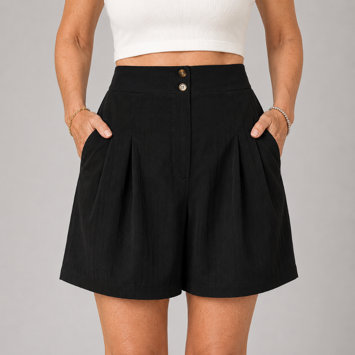 Women's High Waist Pleated Shorts with Two-Button Closure and Side Pockets