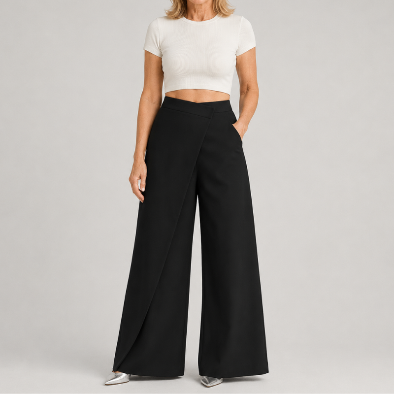 Women's High Waist Wide Leg Pants with Asymmetric Wrap Front Detail