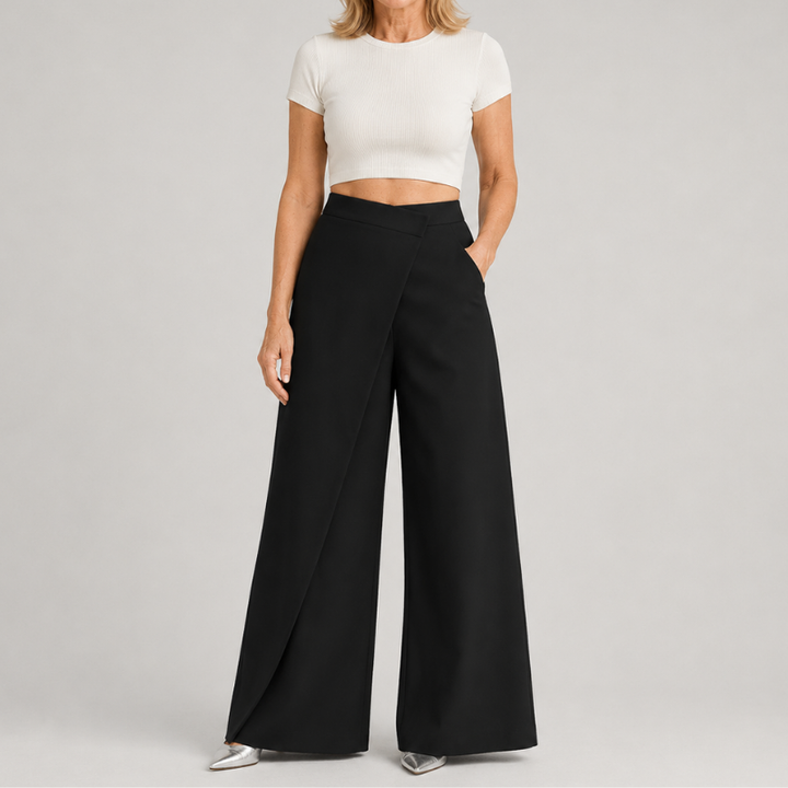 Women's High Waist Wide Leg Pants with Asymmetric Wrap Front Detail