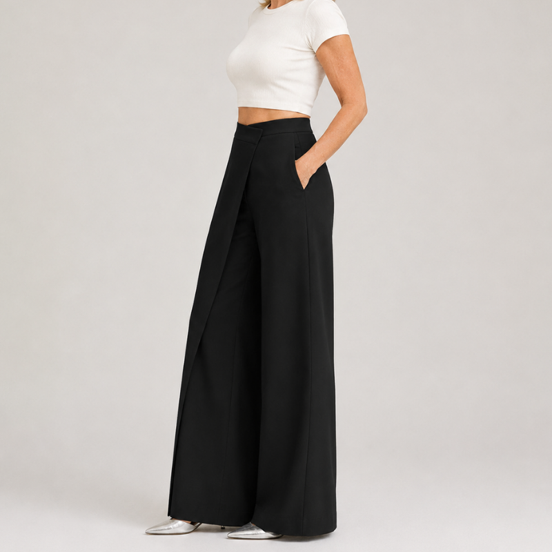 Women's High Waist Wide Leg Pants with Asymmetric Wrap Front Detail