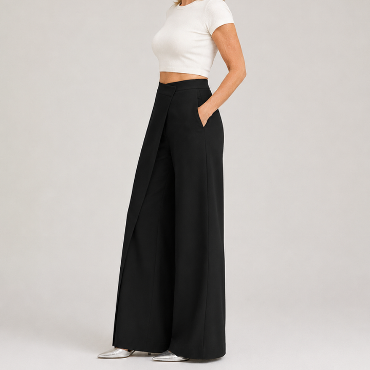 Women's High Waist Wide Leg Pants with Asymmetric Wrap Front Detail