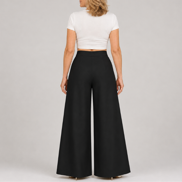 Women's High Waist Wide Leg Pants with Asymmetric Wrap Front Detail