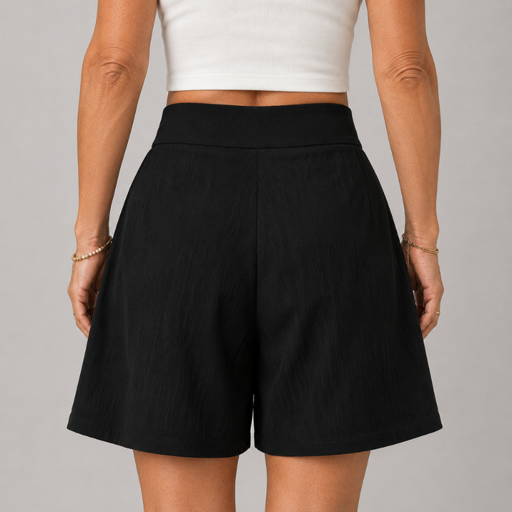 Women's High Waist Pleated Shorts with Two-Button Closure and Side Pockets