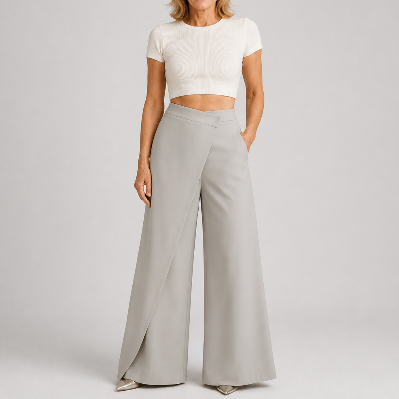 Women's High Waist Wide Leg Pants with Asymmetric Wrap Front Detail