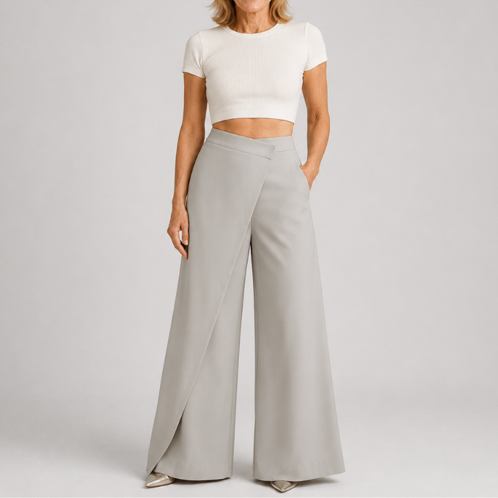 Women's High Waist Wide Leg Pants with Asymmetric Wrap Front Detail