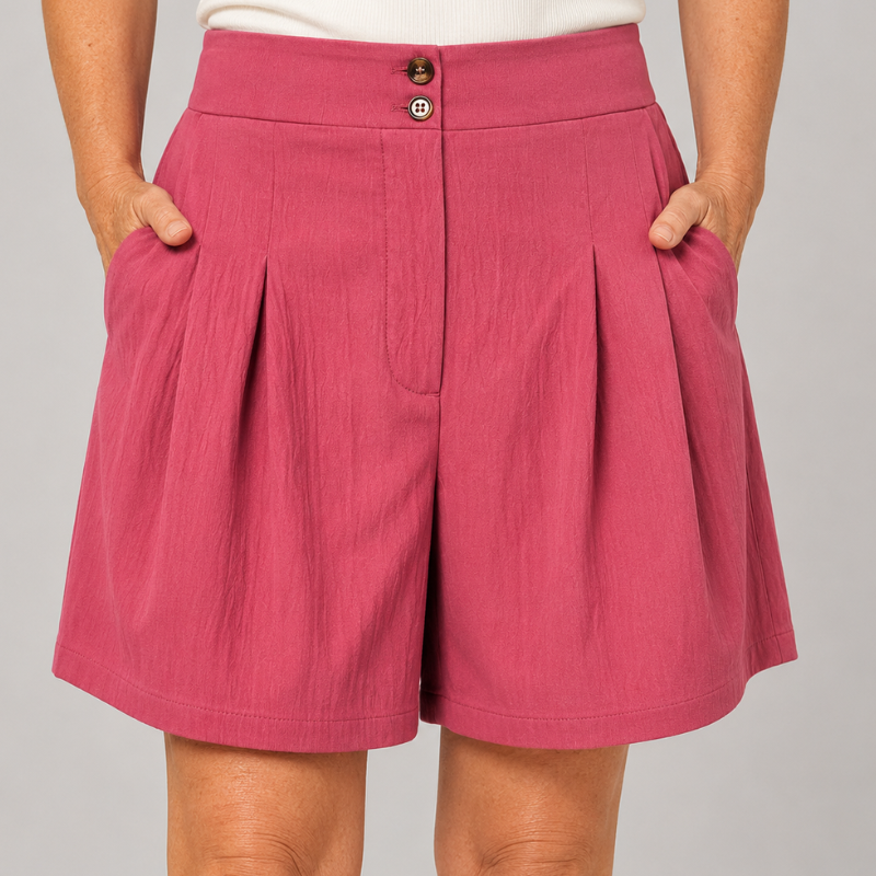Women's High Waist Pleated Shorts with Two-Button Closure and Side Pockets