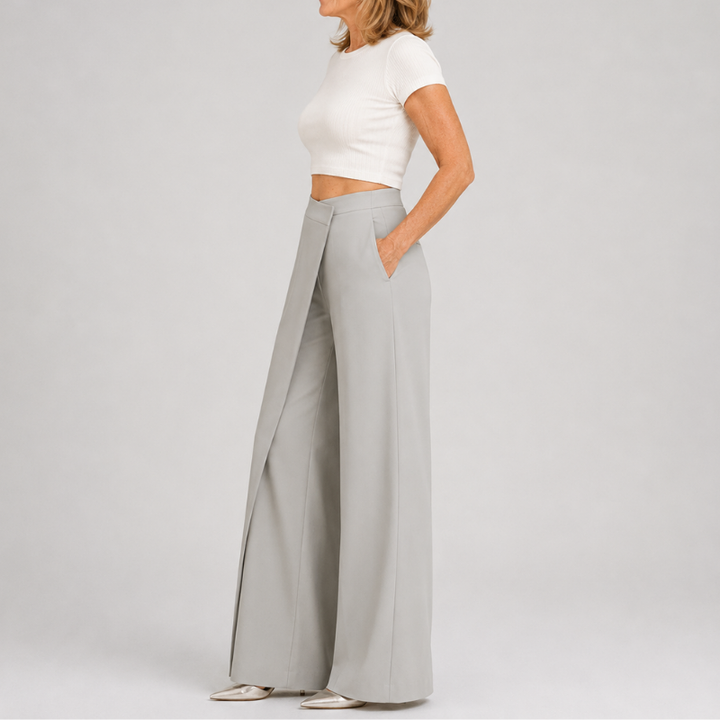 Women's High Waist Wide Leg Pants with Asymmetric Wrap Front Detail