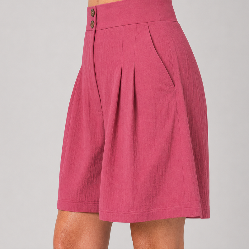 Women's High Waist Pleated Shorts with Two-Button Closure and Side Pockets