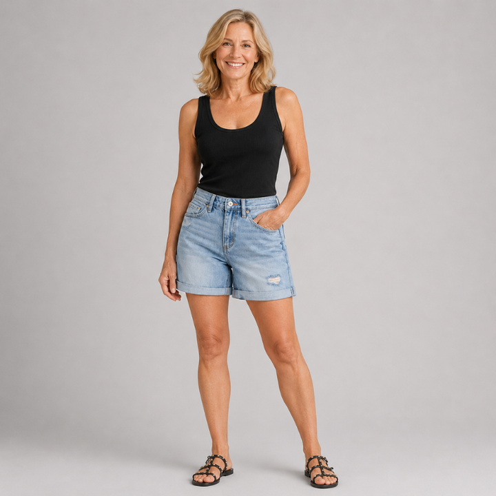 Women's High Waist Denim Shorts with Distressed Detail and Rolled Hem