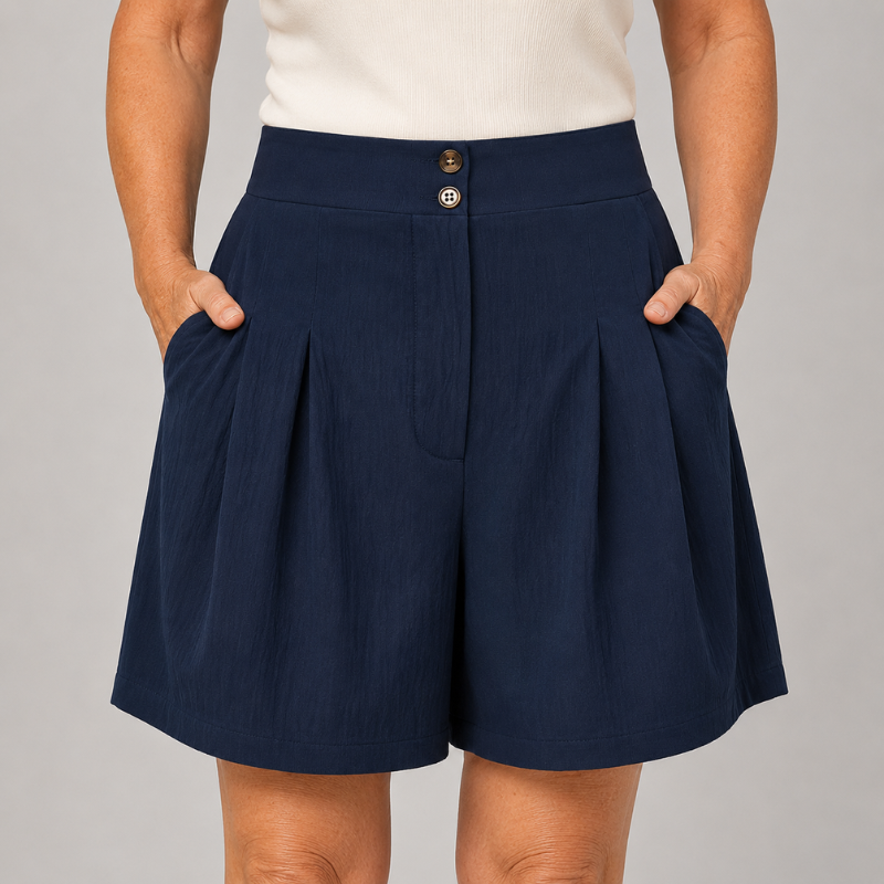 Women's High Waist Pleated Shorts with Two-Button Closure and Side Pockets