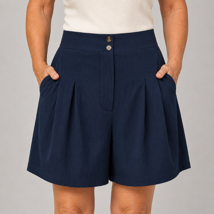 Women's High Waist Pleated Shorts with Two-Button Closure and Side Pockets