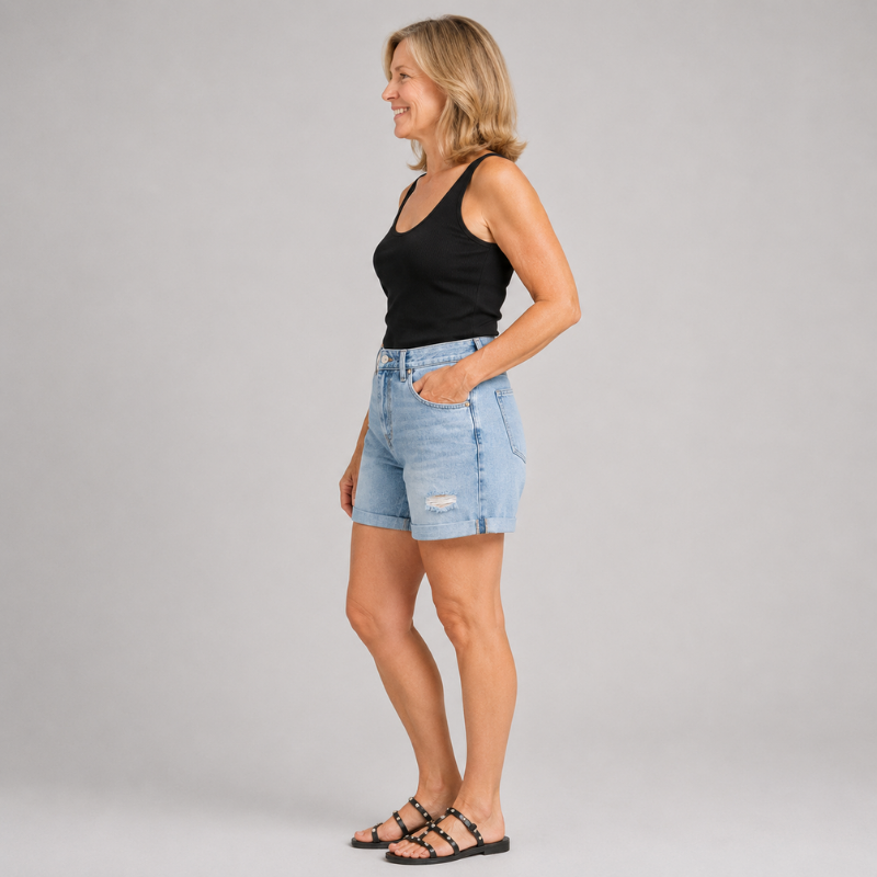 Women's High Waist Denim Shorts with Distressed Detail and Rolled Hem