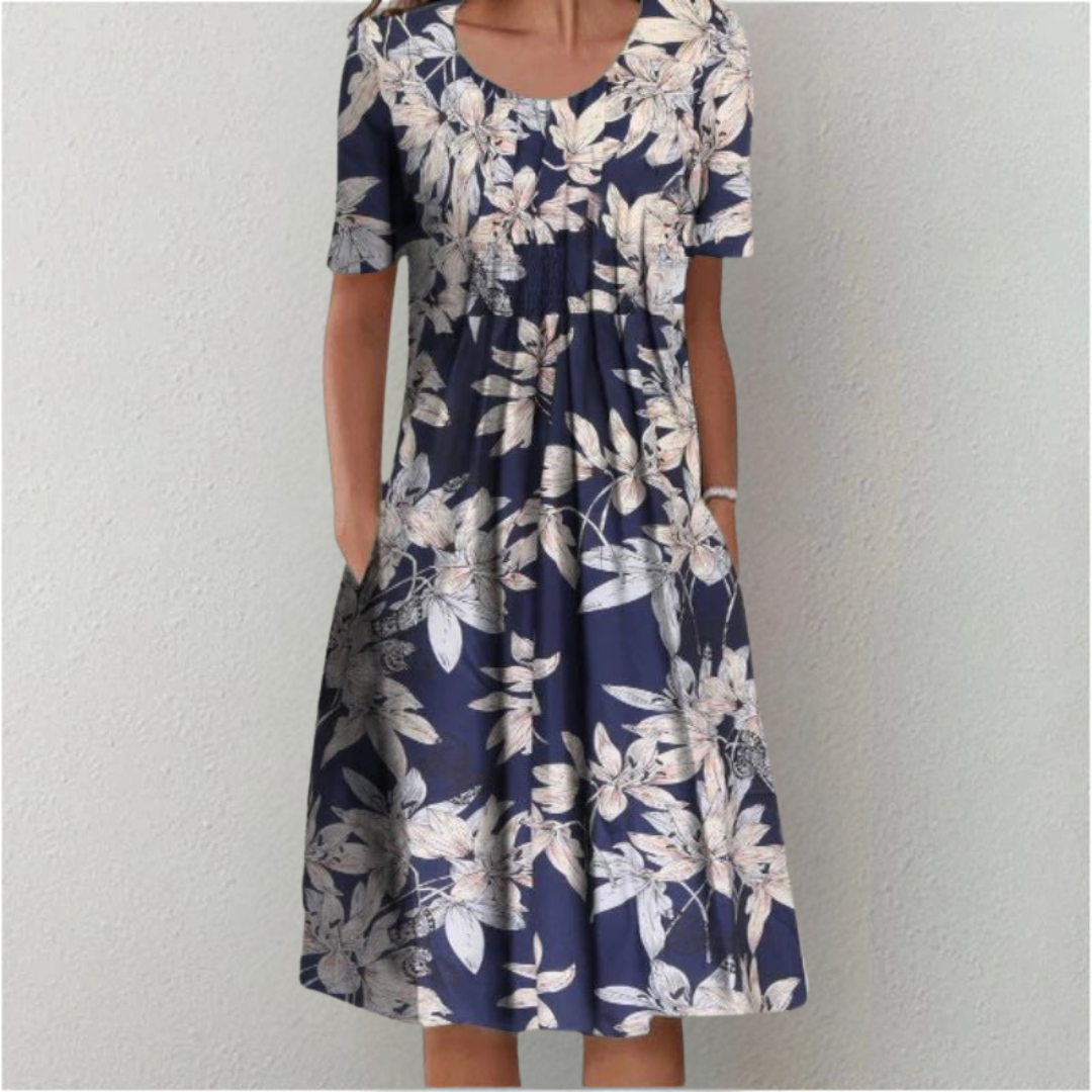 Women's Floral Print A-Line Midi Dress Short Sleeve