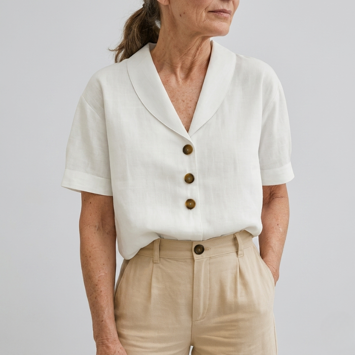 Women's Elegant Linen Blouse Shawl Collar Button