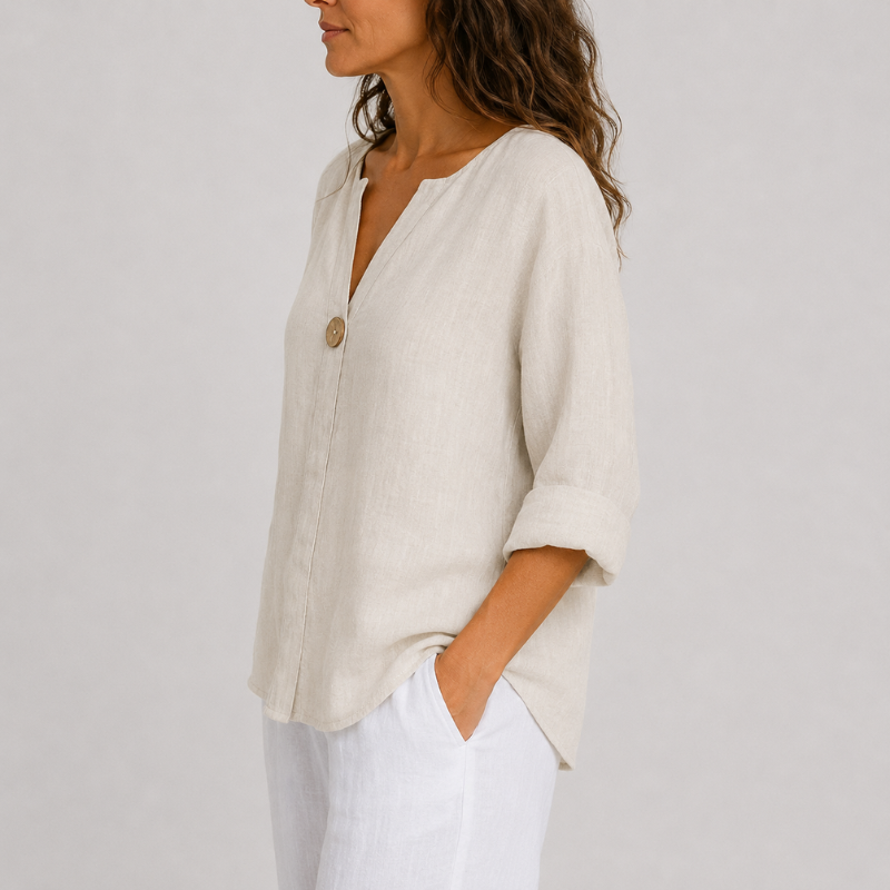 Women's Linen V-Neck Blouse Rolled Sleeve Single Button