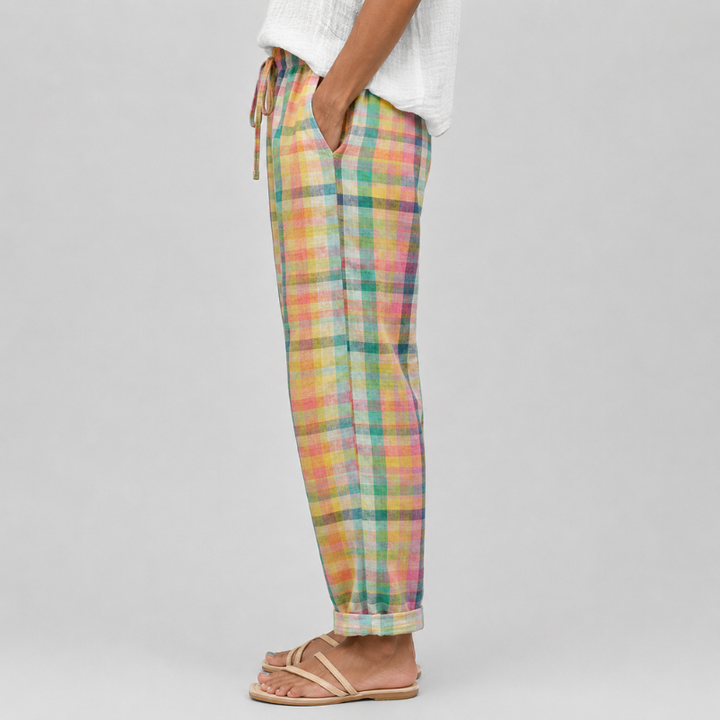 Women's Relaxed Fit Checked Trousers with Drawstring Waist and Rolled Hem