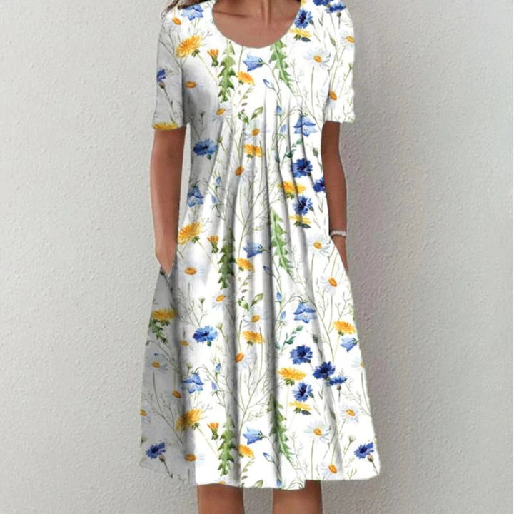 Women's Floral Print A-Line Midi Dress Short Sleeve